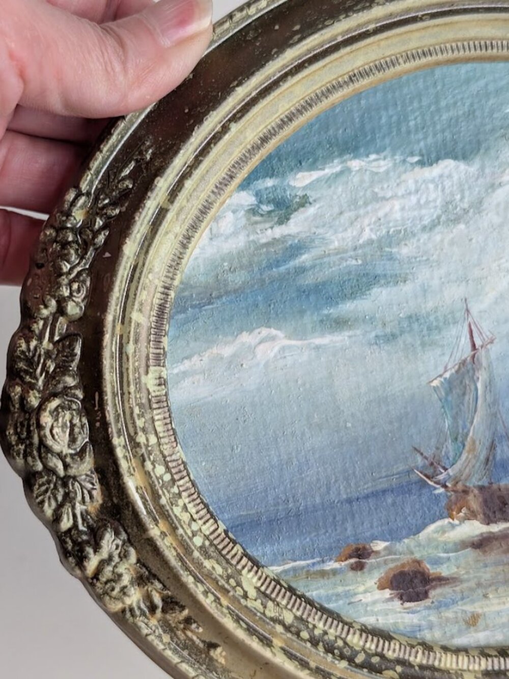Vintage Oval Framed Oil Painting Ocean Sailboat Vintage Seascape Art Painting 8" - Picture 4 of 15